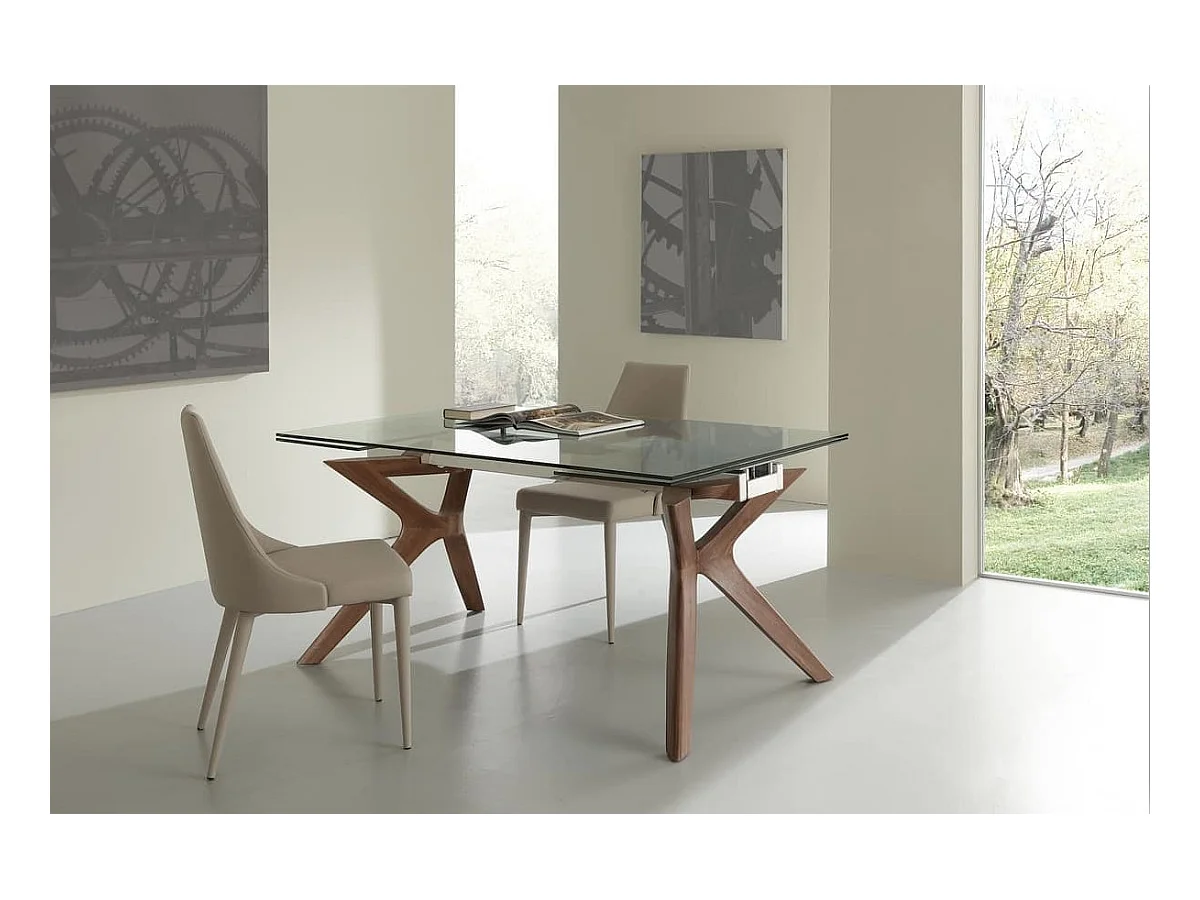 Table de repas extensible Ladyane 160-240cm - Plateau en verre et piétement bois massif noyer