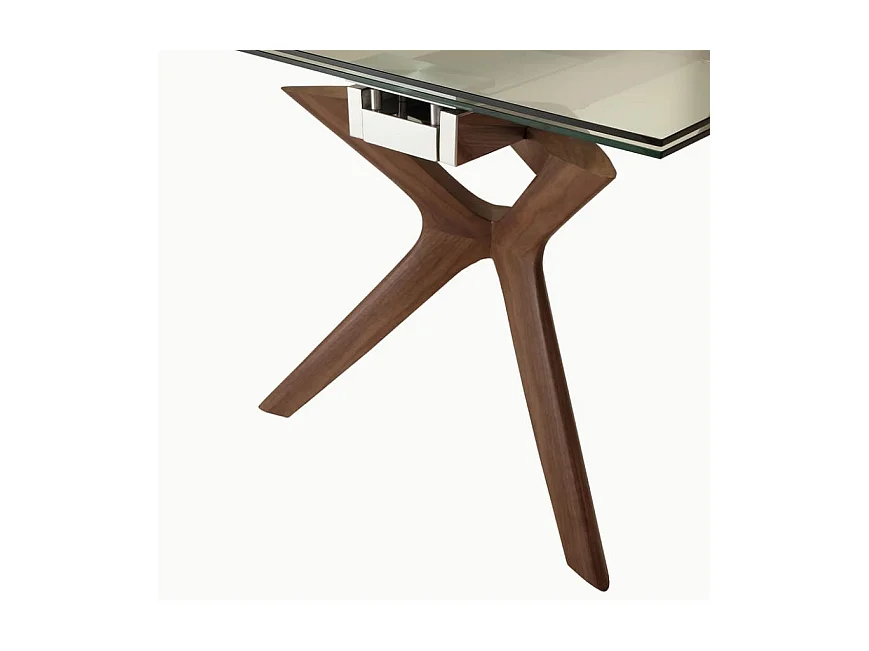 Table de repas extensible Ladyane 160-240cm - Plateau en verre et piétement bois massif noyer