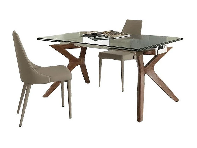 Table de repas extensible Ladyane 160-240cm - Plateau en verre et piétement bois massif noyer