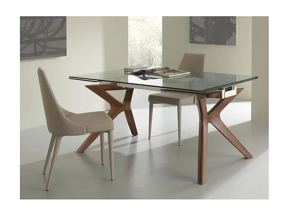 Table de repas extensible Ladyane 160-240cm - Plateau en verre et piétement bois massif noyer