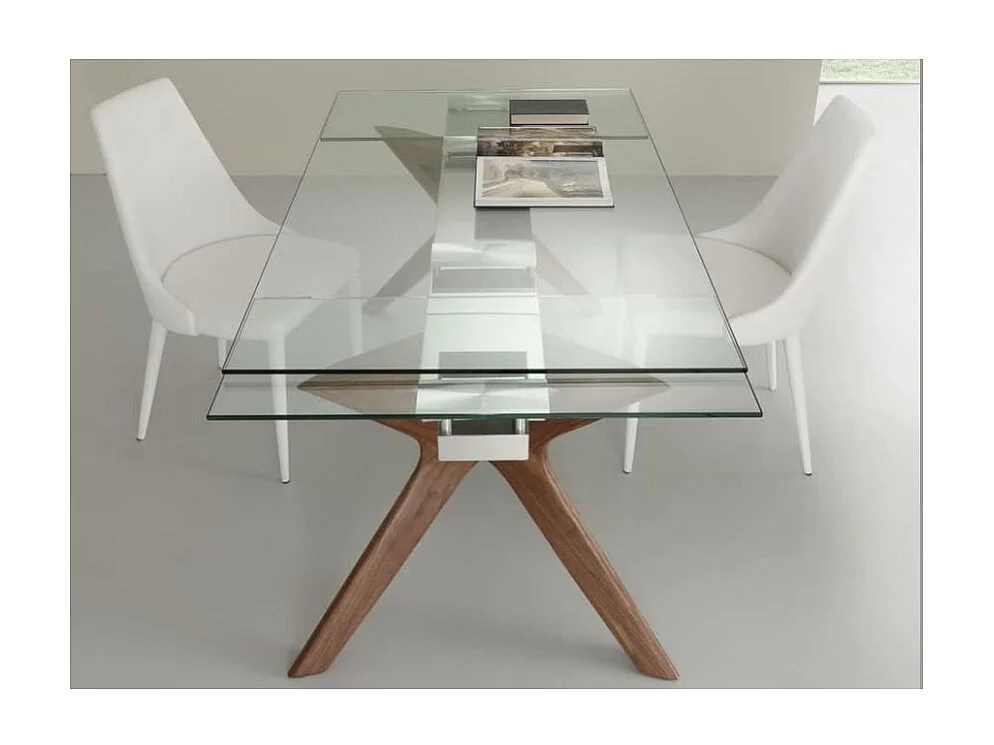Table de repas extensible Ladyane 160-240cm - Plateau en verre et piétement bois massif noyer