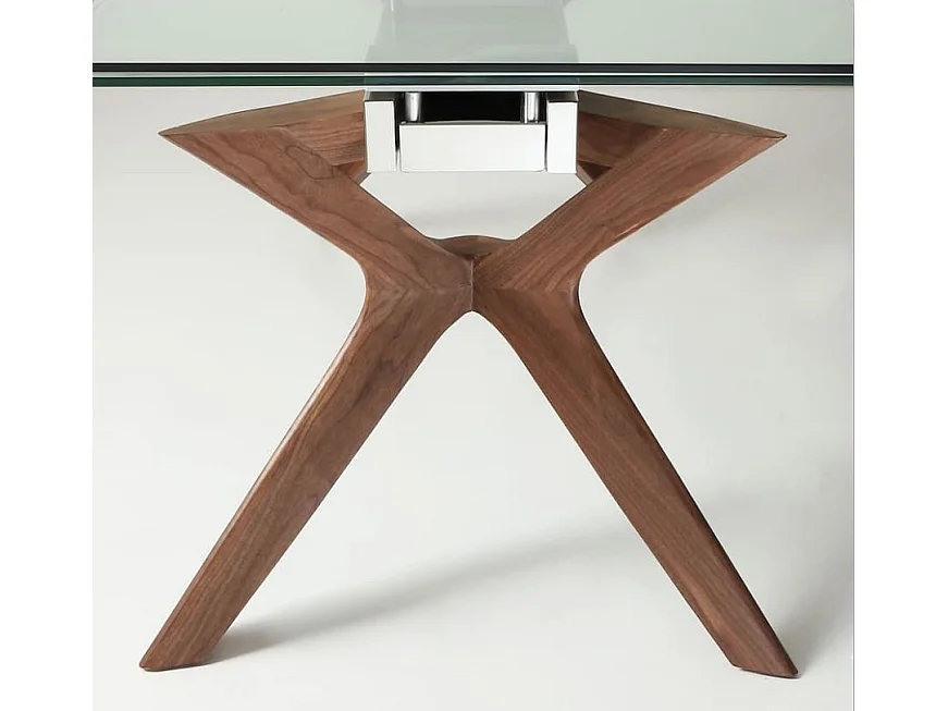 Table de repas extensible Ladyane 160-240cm - Plateau en verre et piétement bois massif noyer