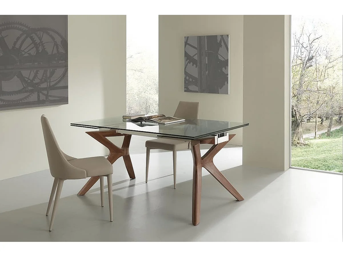 Table de repas extensible Ladyane 160-240cm - Plateau en verre et piétement bois massif noyer