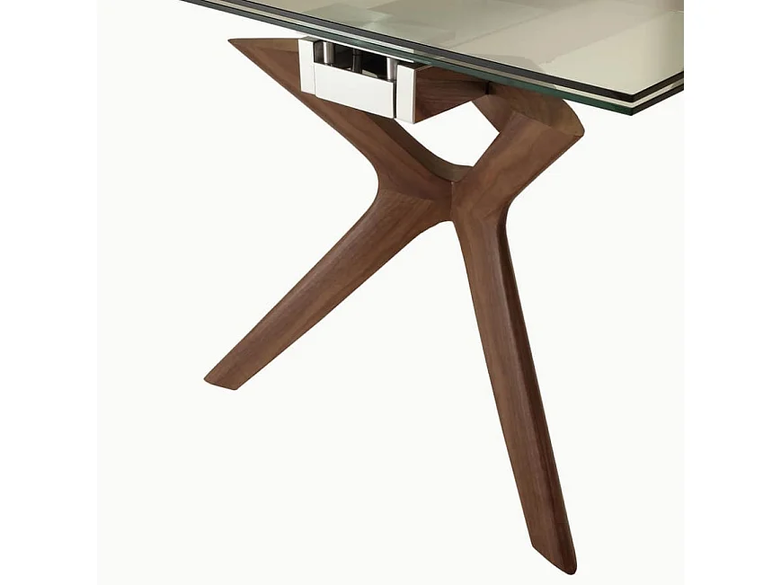 Table de repas extensible Ladyane 160-240cm - Plateau en verre et piétement bois massif noyer
