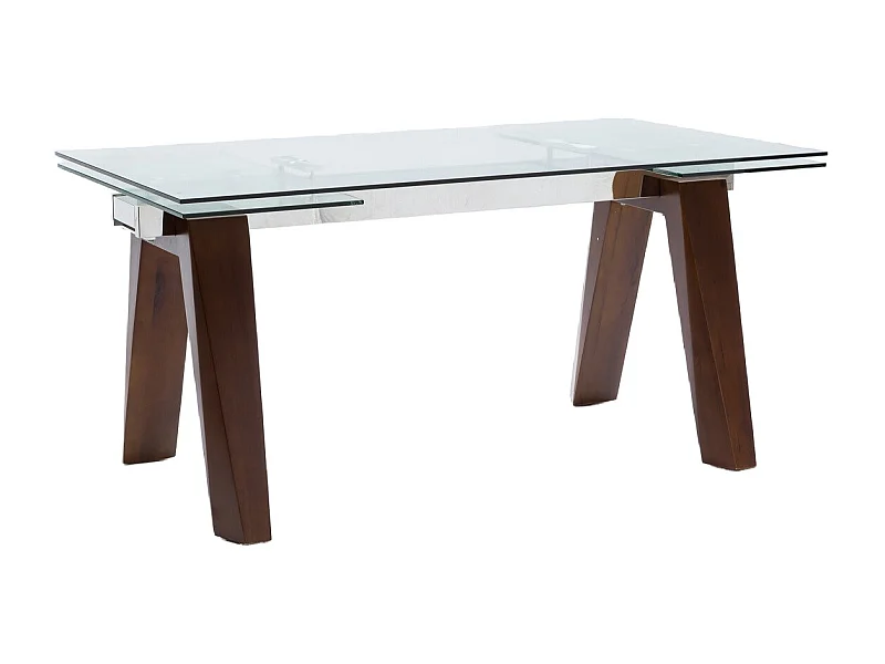 Table de repas extensible Karone 160-240cm - Plateau en verre et piétement bois massif de noyer