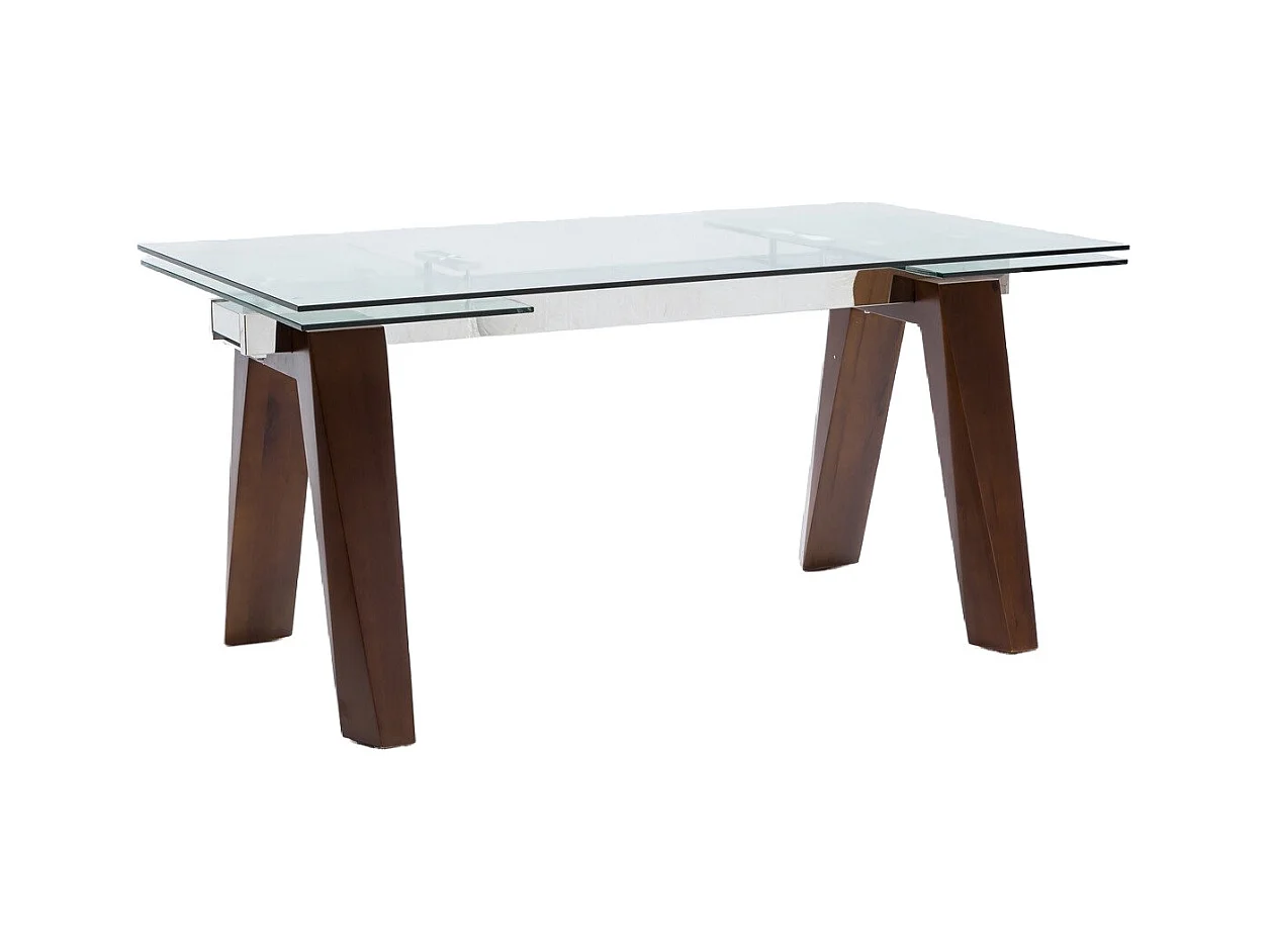 Table de repas extensible Karone 160-240cm - Plateau en verre et piétement bois massif de noyer