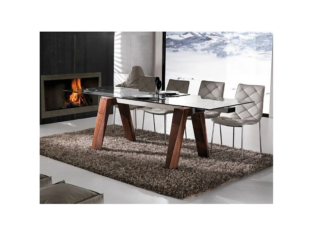 Table de repas extensible Karone 160-240cm - Plateau en verre et piétement bois massif de noyer