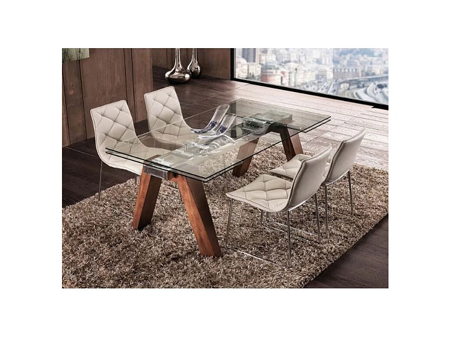 Table de repas extensible Karone 160-240cm - Plateau en verre et piétement bois massif de noyer