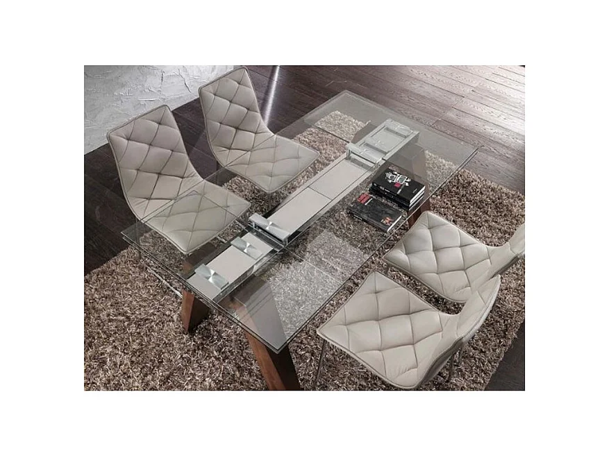 Table de repas extensible Karone 160-240cm - Plateau en verre et piétement bois massif de noyer