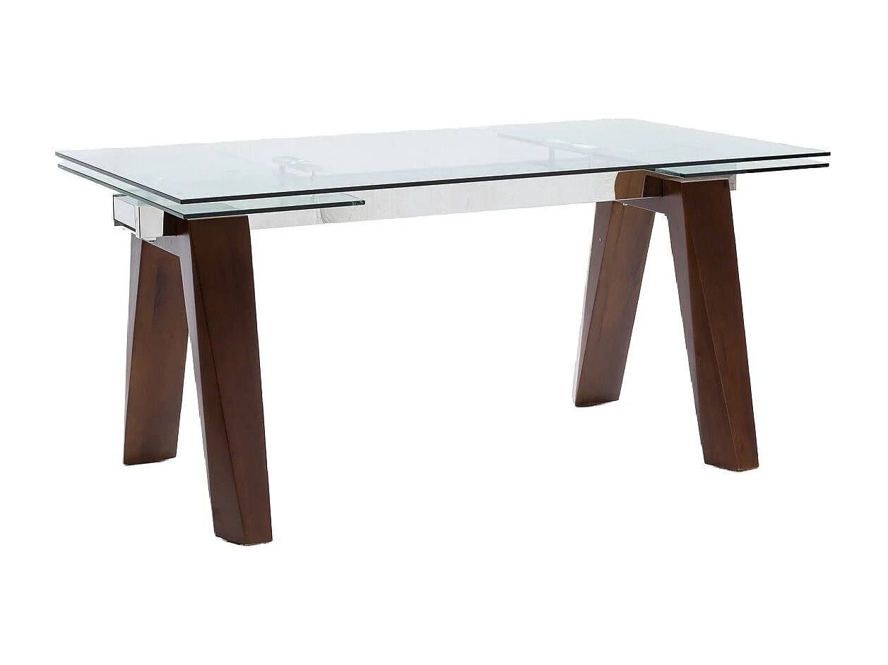 Table de repas extensible Karone 160-240cm - Plateau en verre et piétement bois massif de noyer