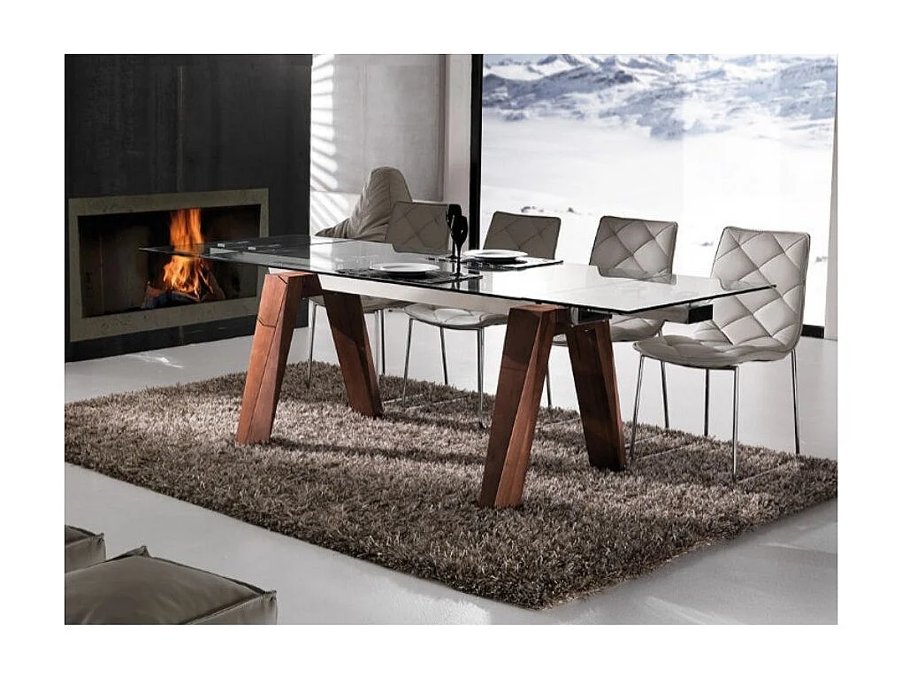 Table de repas extensible Karone 160-240cm - Plateau en verre et piétement bois massif de noyer