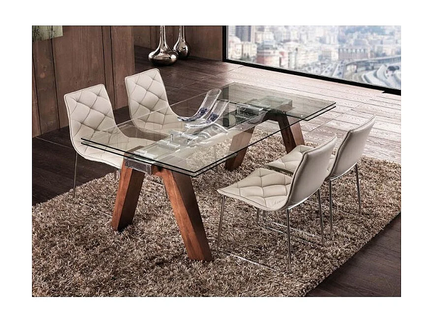 Table de repas extensible Karone 160-240cm - Plateau en verre et piétement bois massif de noyer