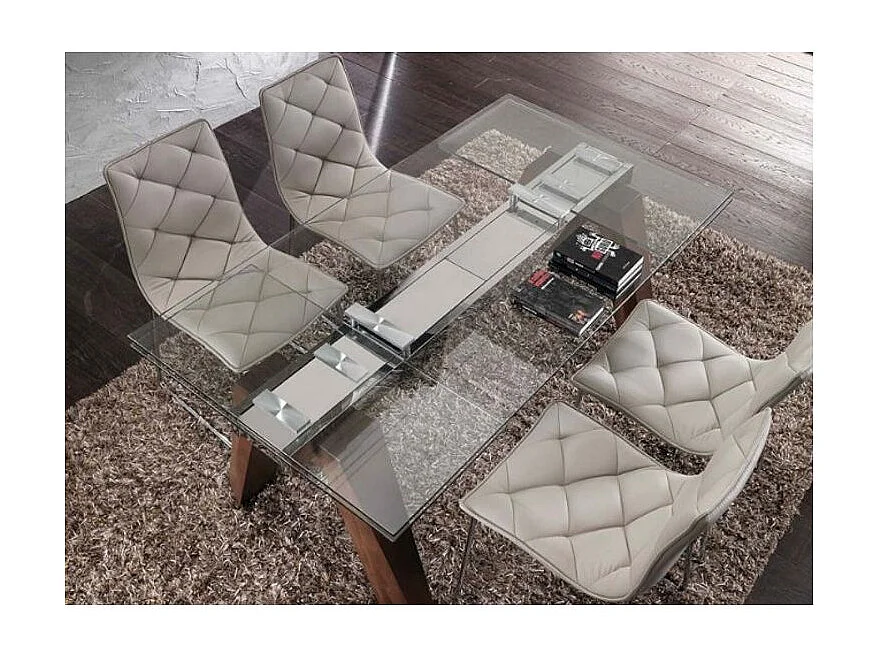 Table de repas extensible Karone 160-240cm - Plateau en verre et piétement bois massif de noyer