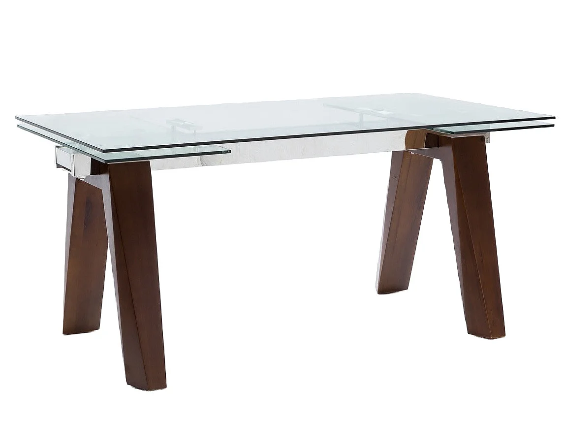 Table de repas extensible Karone 160-240cm - Plateau en verre et piétement bois massif de noyer