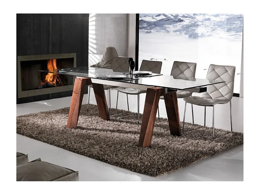 Table de repas extensible Karone 160-240cm - Plateau en verre et piétement bois massif de noyer