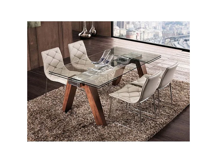 Table de repas extensible Karone 160-240cm - Plateau en verre et piétement bois massif de noyer