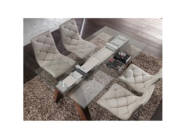 Table de repas extensible Karone 160-240cm - Plateau en verre et piétement bois massif de noyer