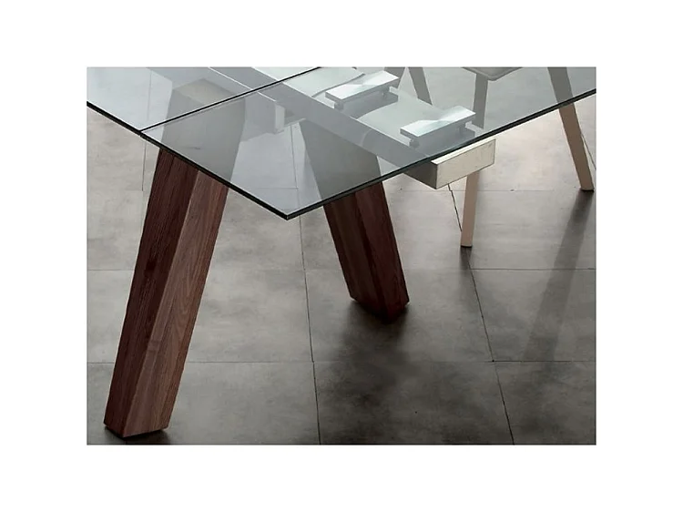 Table de repas extensible Karone 160-240cm - Plateau en verre et piétement bois massif de noyer