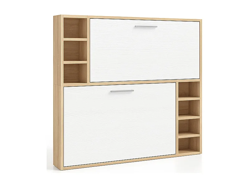 Horizontaal stapelbed voor 2 personen 80x200 met planken Binka-Zonder matras-Slapen 80x190cm-Bekisting Licht eiken-Facade Wit