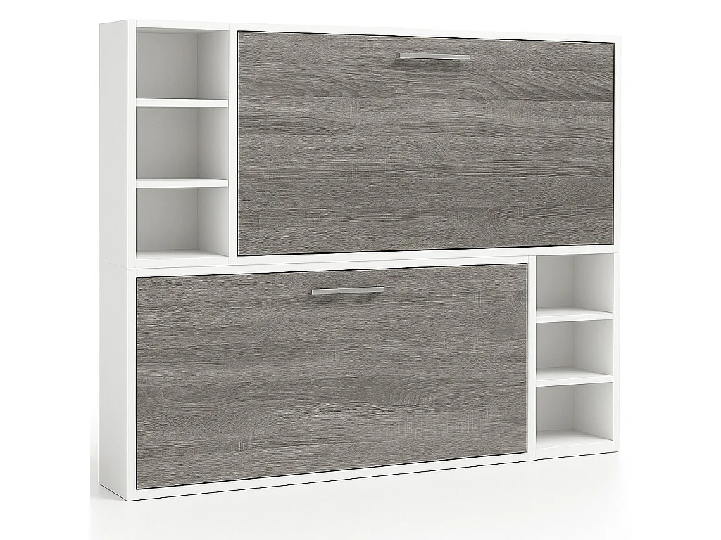 Litera abatible horizontal para 2 personas 80x200 con estantes Binka-2 colchones-Ropa de cama 80x180 cm-Encofrado Blanco-Frente Vintage