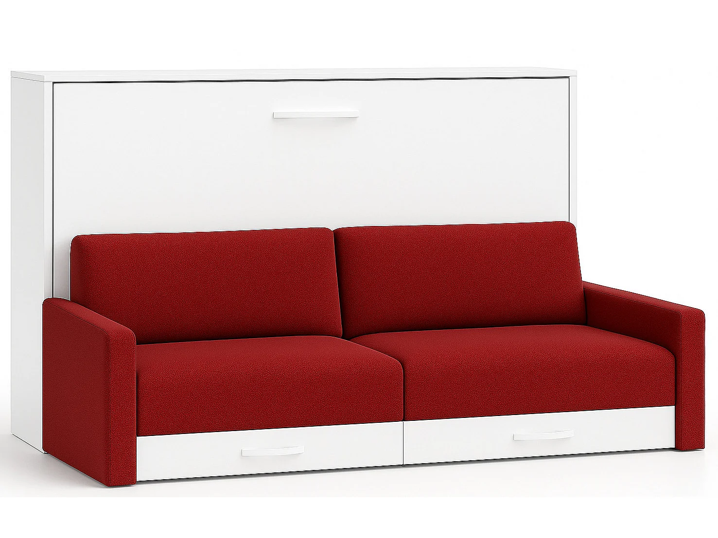 Lit escamotable horizontal avec canapé et rangement VETAL-140x190-Canapé Rouge-Structure Blanche