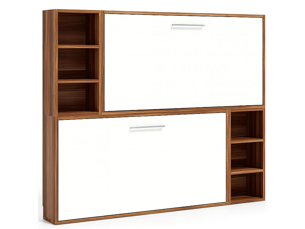 Lit escamotable superposé horizontal avec étagères BINKA-80x200-Cadre Noyer-Façade Blanche