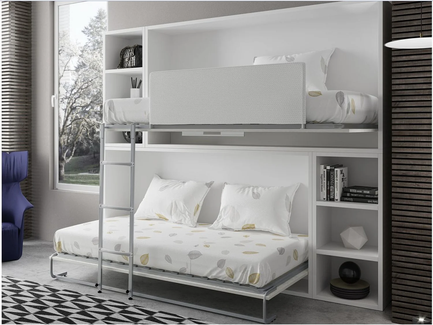 Lit escamotable superposé horizontal avec étagères BINKA-80x200-Cadre Noyer-Façade Blanche