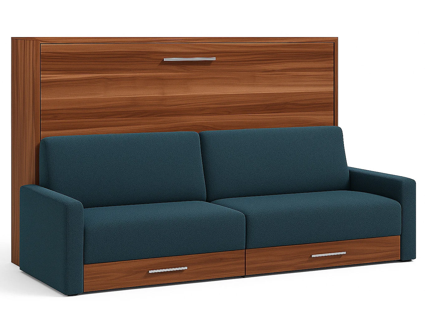 Lit escamotable horizontal avec canapé et rangement VETAL-140x200-Canapé Bleu canard-Structure Noyer