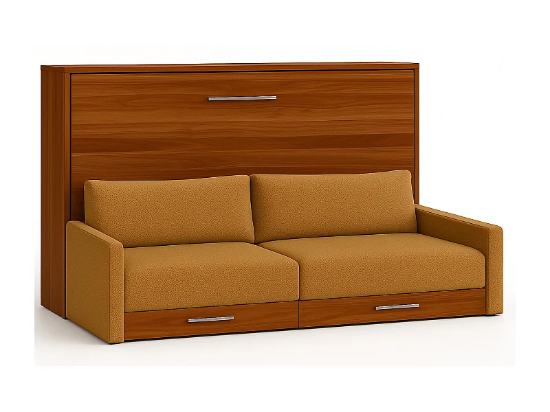 Lit escamotable horizontal avec canapé VETAL-120x190-Canapé Moutarde-Structure Noyer