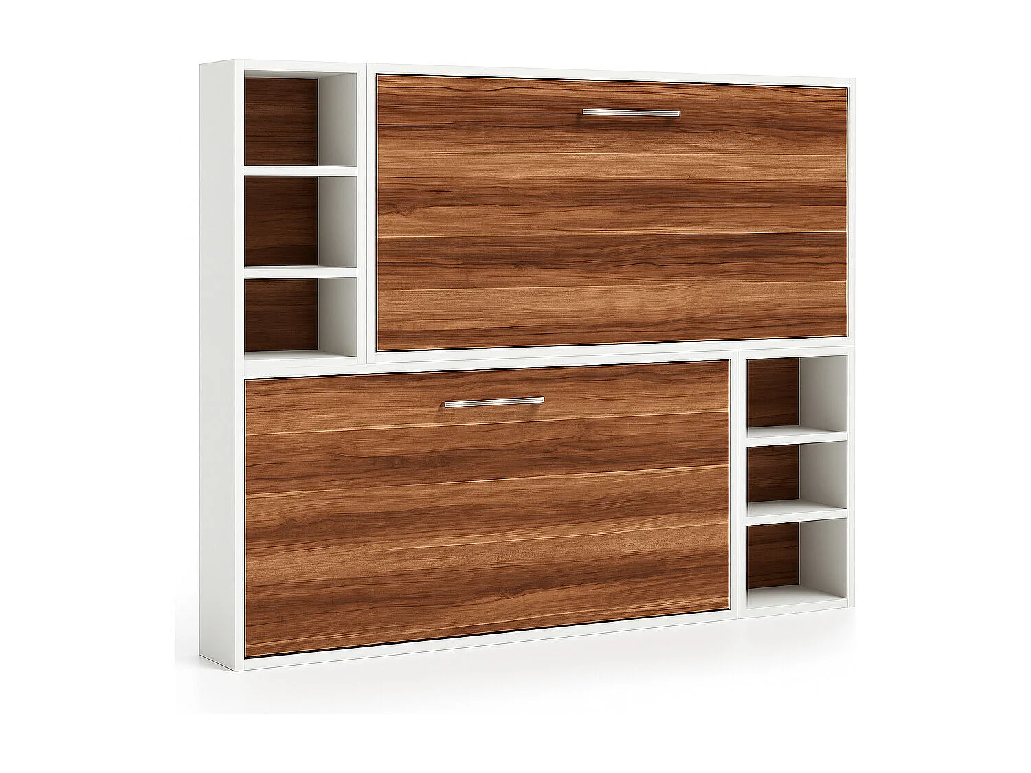 Lit escamotable superposé horizontal avec étagères BINKA-2 matelas-90x200-Cadre Blanc-Façade Noyer