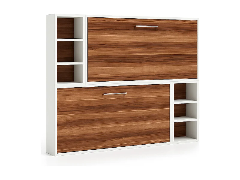 Litera abatible horizontal para 2 personas 80x200 con estantes Binka-2 colchones-Ropa de cama 90x200 cm-Encofrado Blanco-Frente Nogal