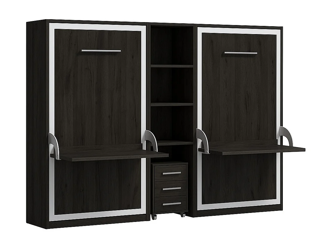 2 lits escamotables 90x190 avec bureau et étagère centrale STUDANTE-Façade Carbone