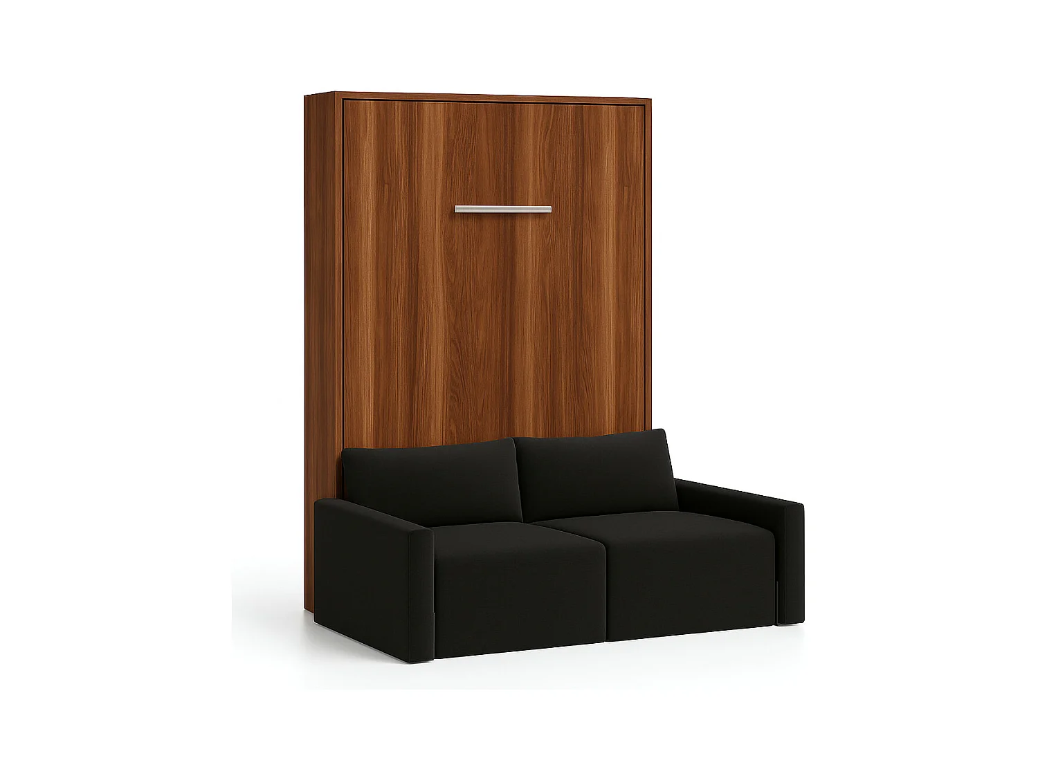 Cama Murphy vertical con sofá Valencia de alta gama-Con colchón-Ropa de cama 90x190 cm-Sofá Negro-Estructura y fachada Nogal