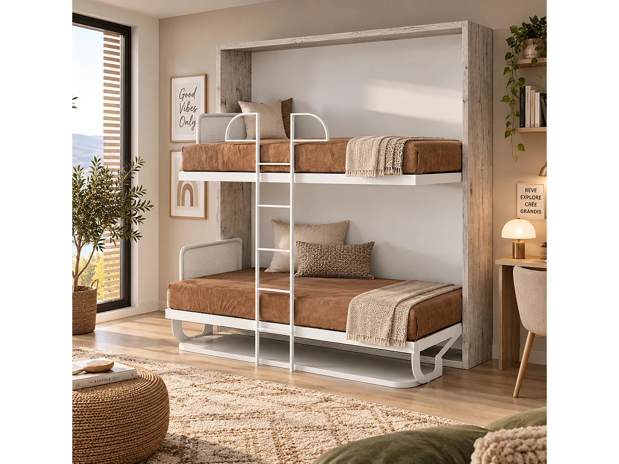 Lit escamotable horizontal superposé 90x180 STUDIO-2 matelas-Cadre Gris ciment-Façade Gris ciment