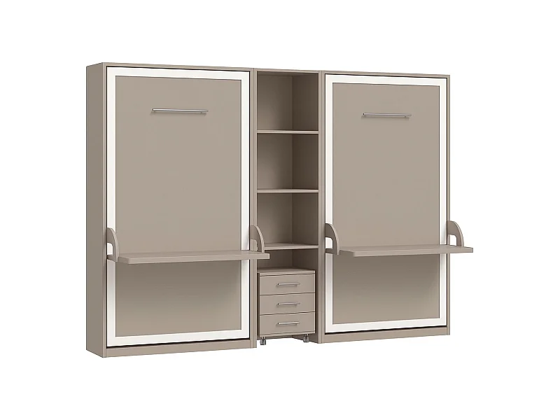 2 lits escamotables 140x190 avec bureau et étagère centrale Studante-Façade Taupe
