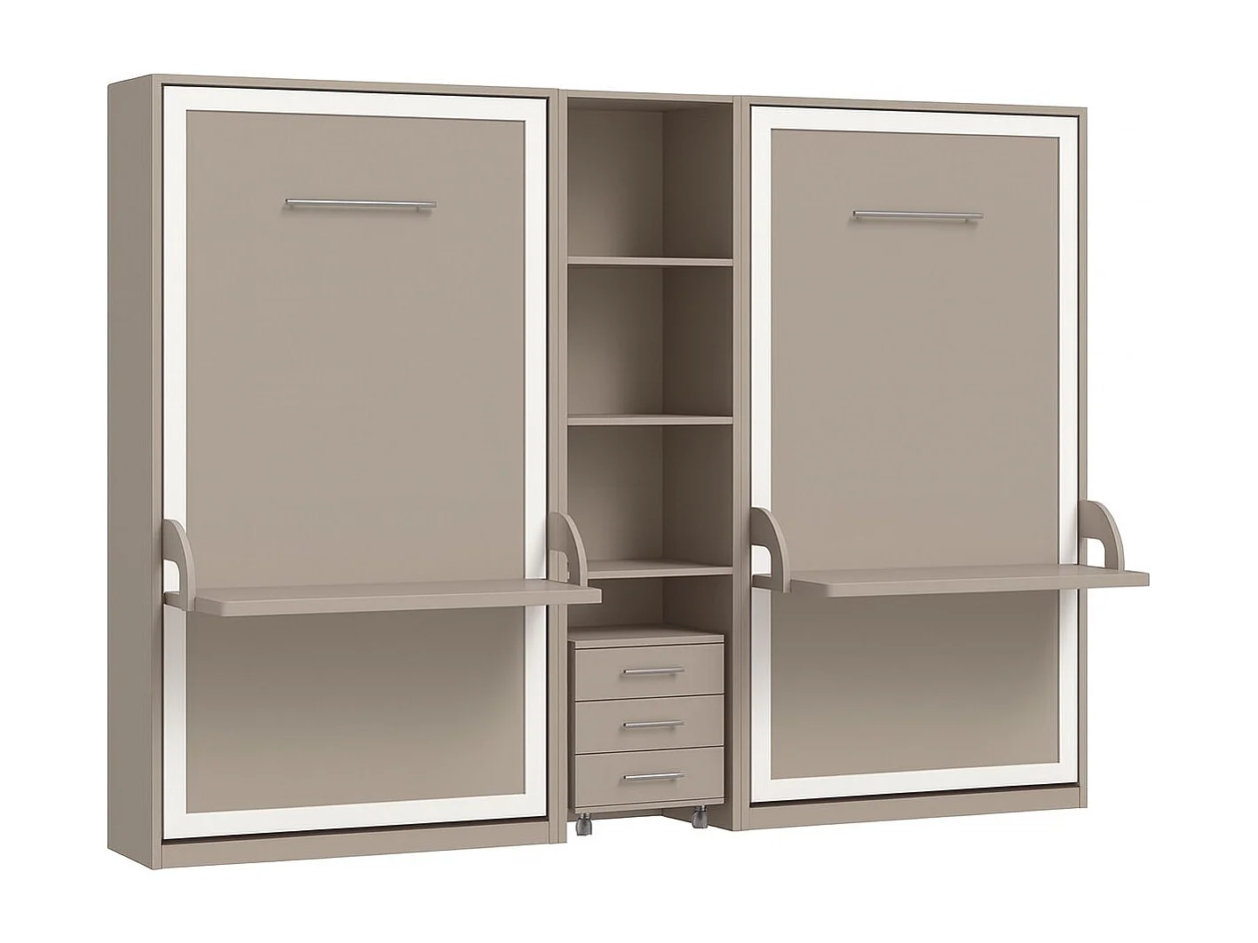 2 lits escamotables 140x190 avec bureau et étagère centrale Studante-Façade Taupe