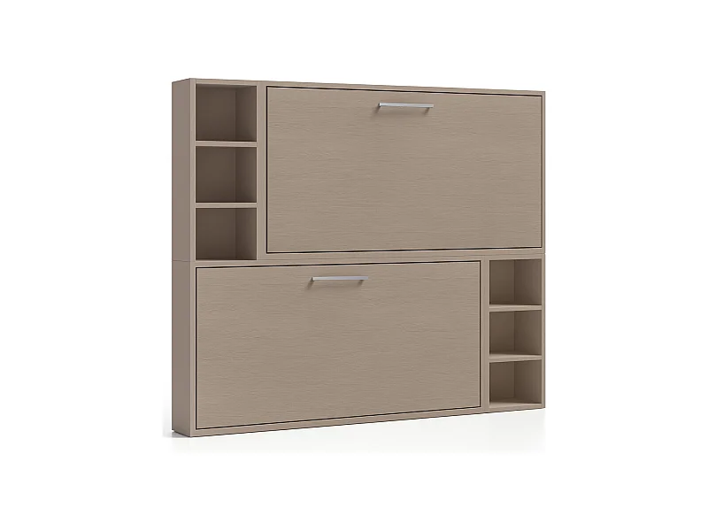 Lit escamotable superposé horizontal avec étagères BINKA-2 matelas-90x200-Cadre Taupe-Façade Taupe