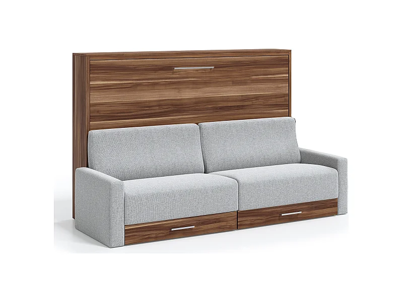 Lit escamotable horizontal avec canapé VETAL-120x190-Canapé Gris clair-Structure Noyer