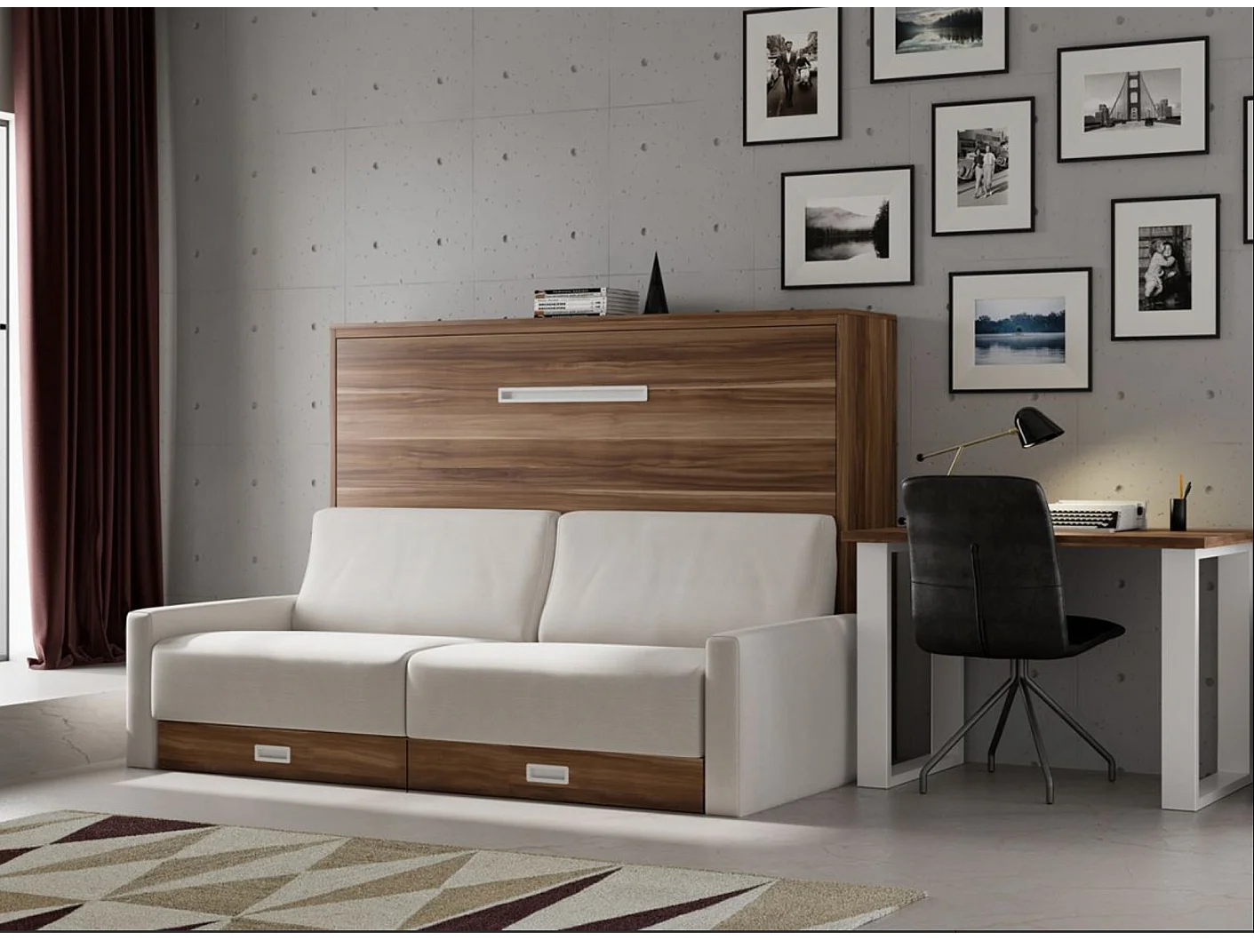 Lit escamotable horizontal avec canapé VETAL-120x190-Canapé Naturel-Structure Noyer