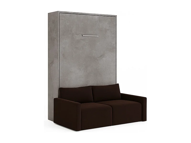 Lit escamotable vertical avec canapé tissu VALENCIA-Avec matelas-160x200-Canapé Marron-Structure Gris ciment