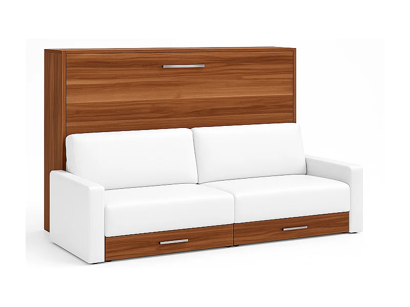 Lit escamotable horizontal avec canapé VETAL-105x190-Canapé Blanc-Structure Noyer