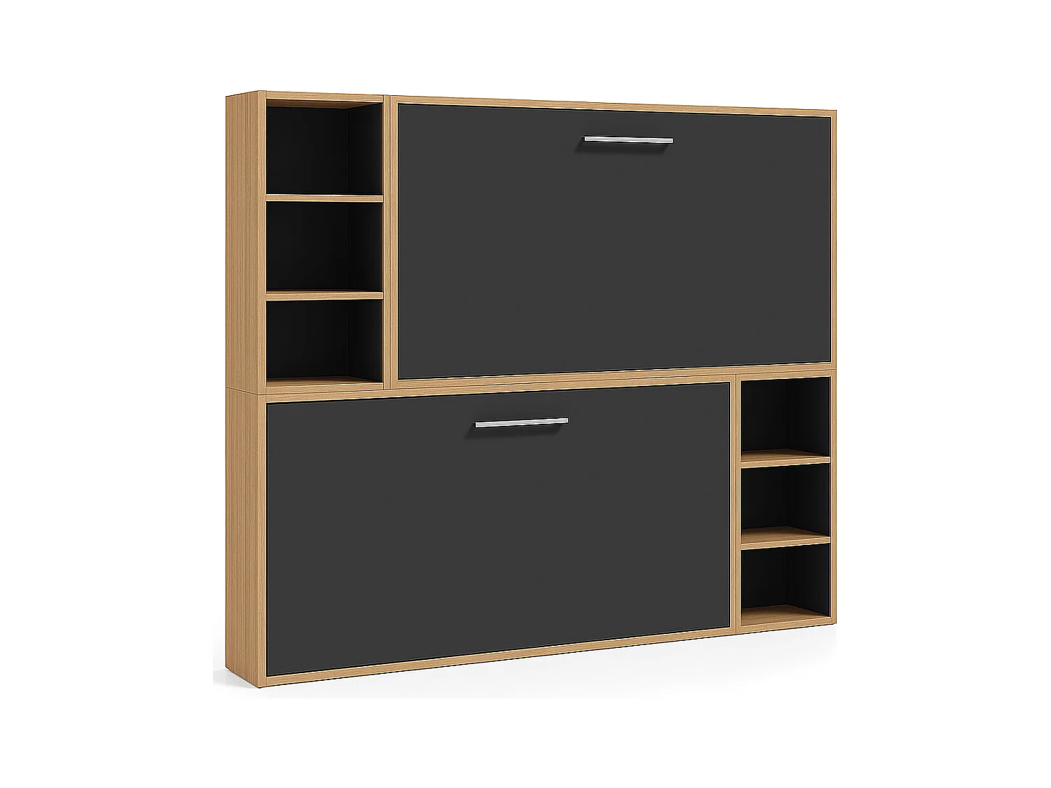 Lit escamotable superposé horizontal avec étagères BINKA-90x180-Cadre Chêne clair-Façade Anthracite