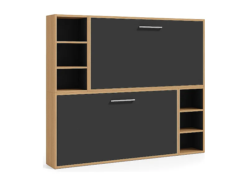 Lit escamotable superposé horizontal avec étagères BINKA-90x180-Cadre Chêne clair-Façade Anthracite