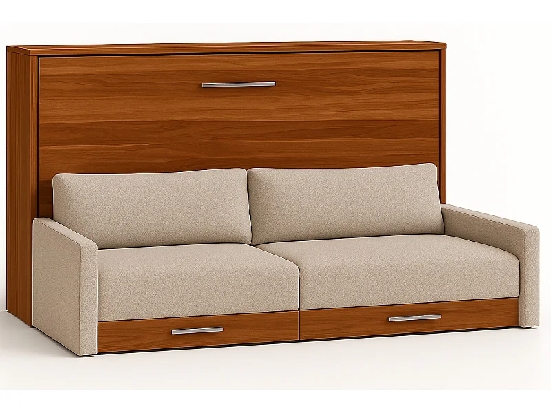 Lit escamotable horizontal avec canapé VETAL-105x190-Canapé Beige-Structure Noyer