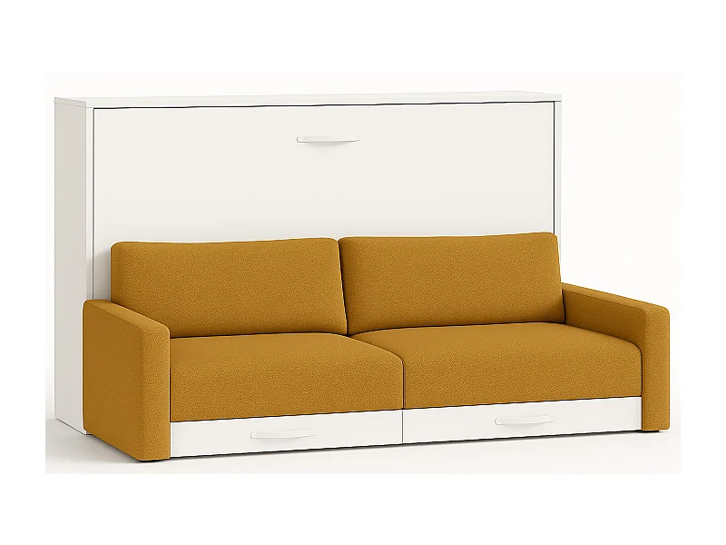 Horizontaal opklapbed met Vetal bank-Slapen 105x190 cm-Bank Mosterdgeel-Structuur en gevel Wit