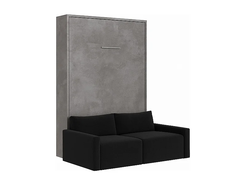 Lit escamotable vertical avec canapé tissu VALENCIA-Avec matelas-140x190-Canapé Noir-Structure Gris ciment
