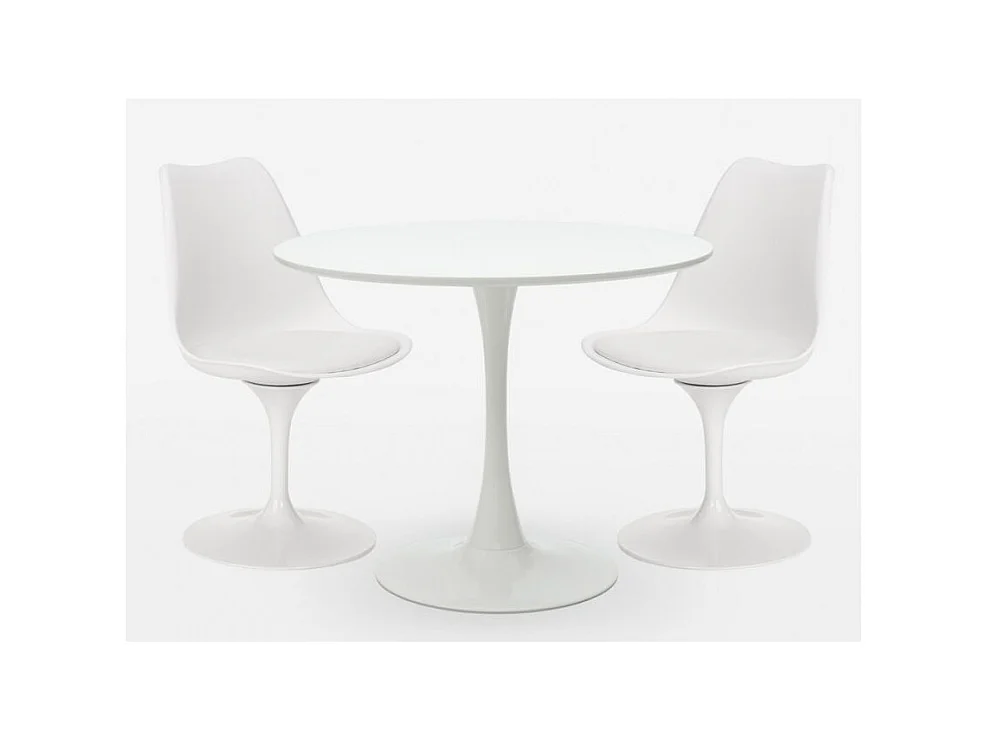 Ensemble table ronde 60cm et 2 chaises pivotantes blanches avec coussin similicuir Tulipa