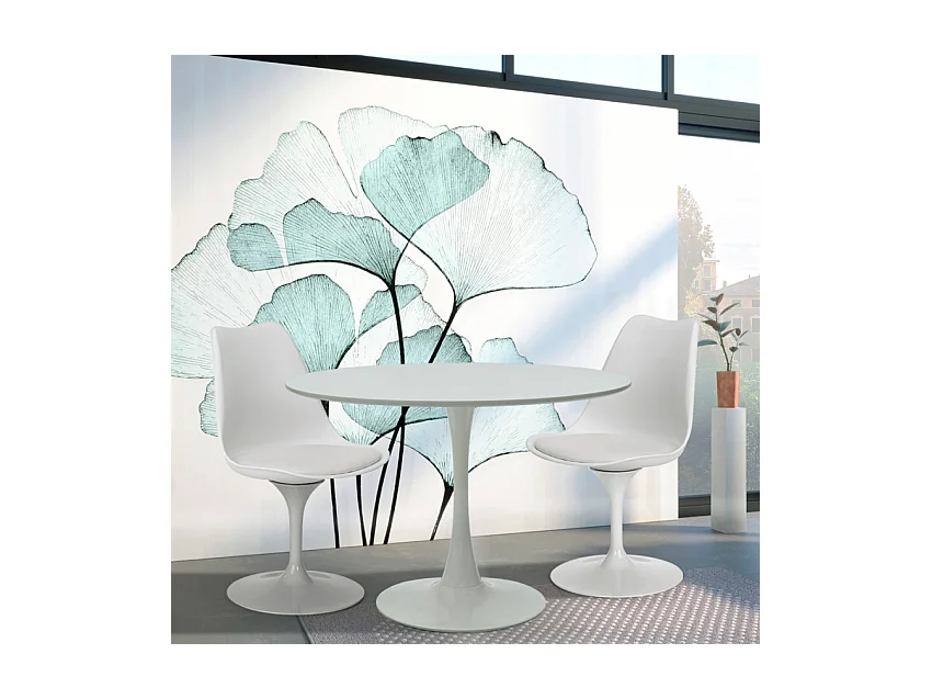 Ensemble table ronde 60cm et 2 chaises pivotantes blanches avec coussin similicuir Tulipa