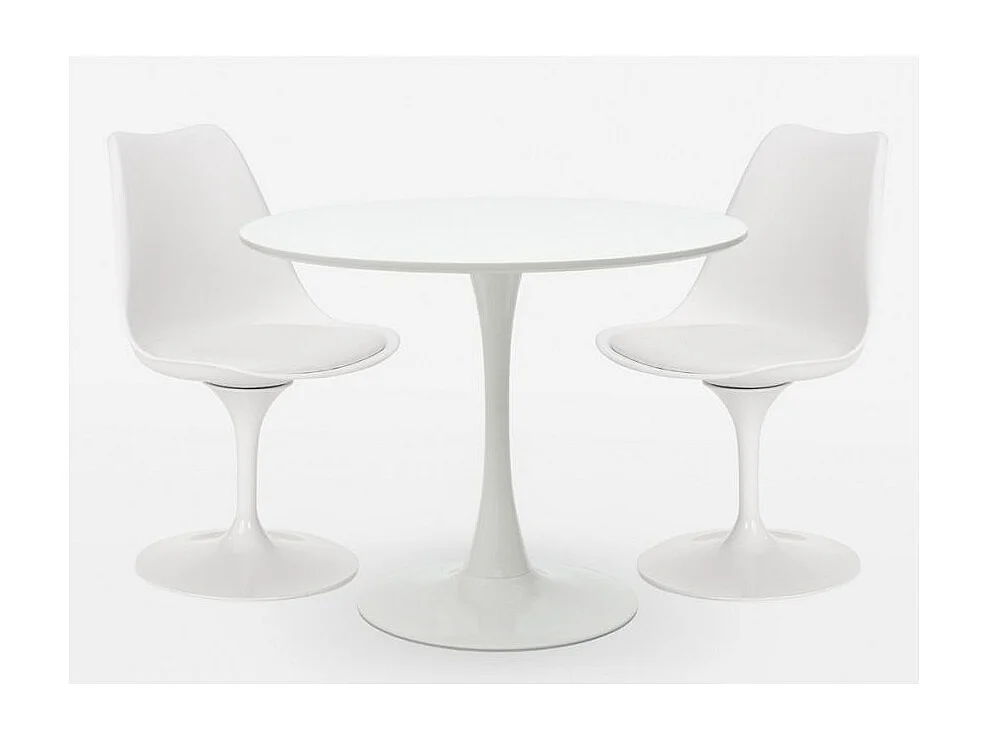 Ensemble table ronde 60cm et 2 chaises pivotantes blanches avec coussin similicuir Tulipa