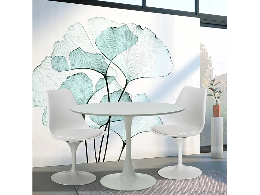 Ensemble table ronde 60cm et 2 chaises pivotantes blanches avec coussin similicuir Tulipa